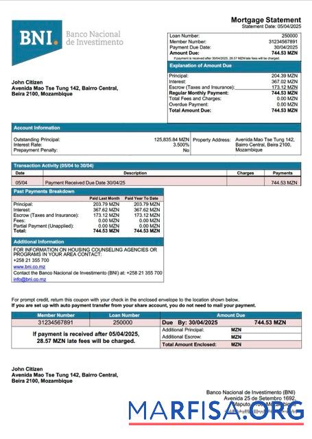 Realistic Mozambique Banco Nacional de Investimento (BNI) mortgage statement Word and PDF template